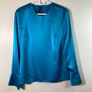 Louis Feraud Teal Blue Satin Bell‎ Sleeve Blouse Top Size US 6